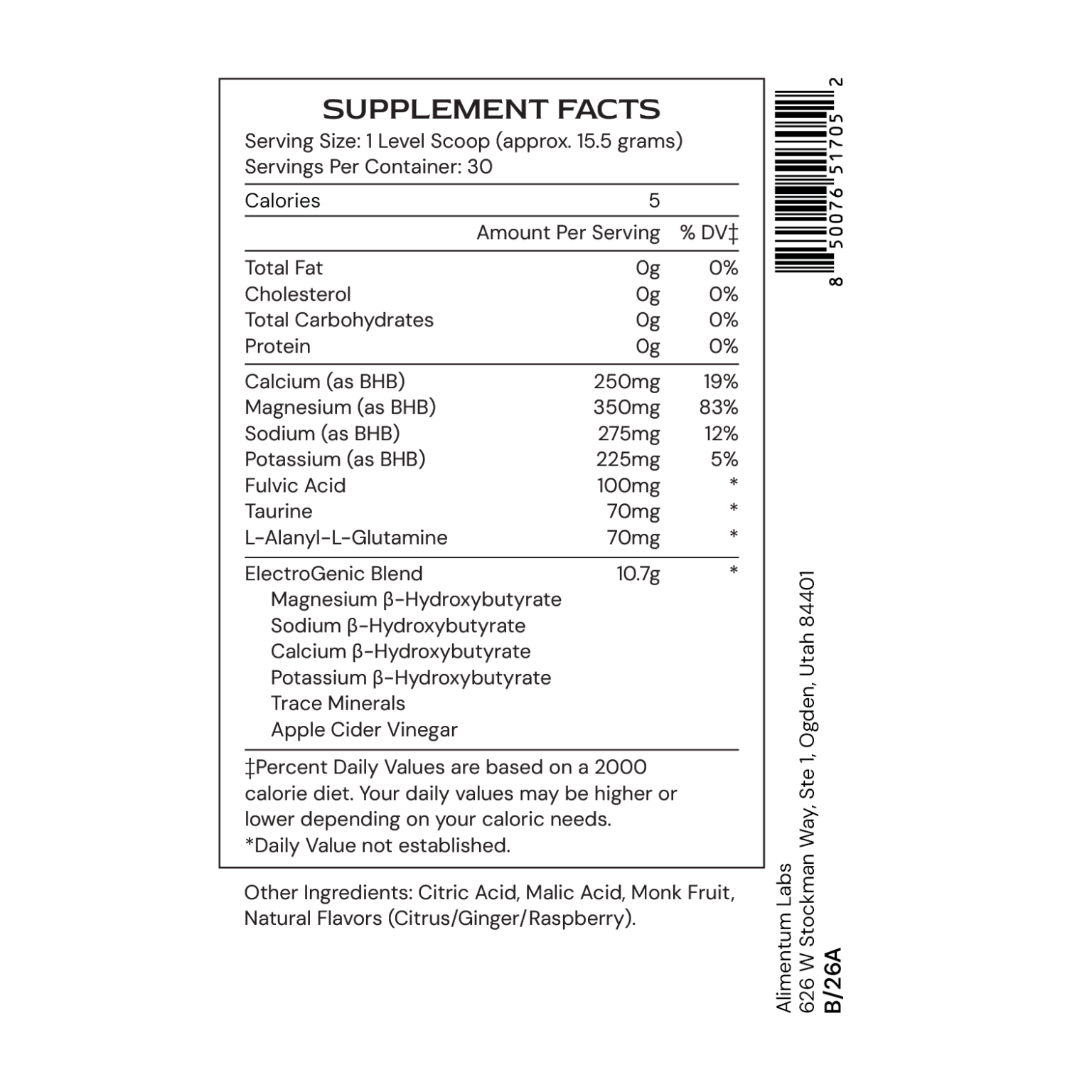 ElectroGenic supplement facts label